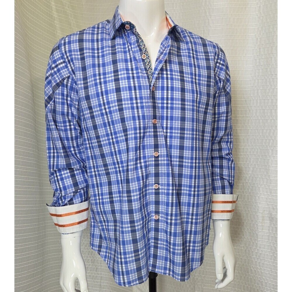 Robert Graham X Collection Flip Cuff Shirt Blue Plaid /Multi-Orange Trim Men's L